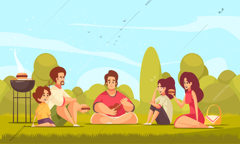 Bbq picnic composition with suburban landscape and doodle style characters of kids and adults eating barbecue vector illustration