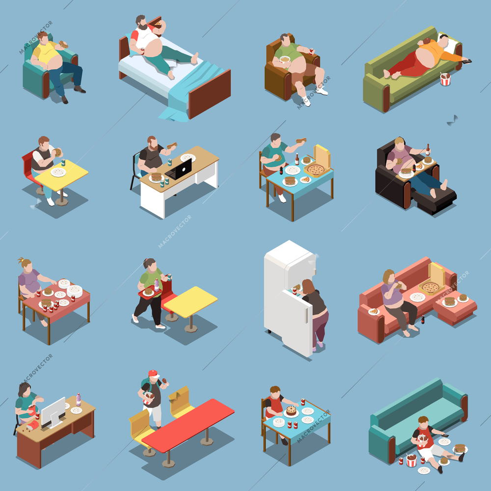 Gluttony isometric colored icons set with overweight people eating fast food at home and cafe 3d isolated vector illustration