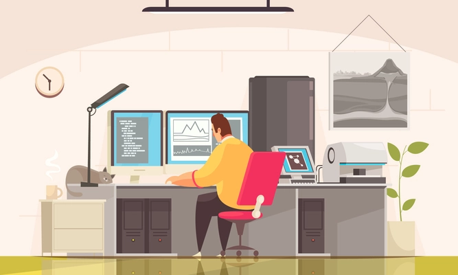 Geologist composition with indoor view of room with doodle character of scientist processing results of examination