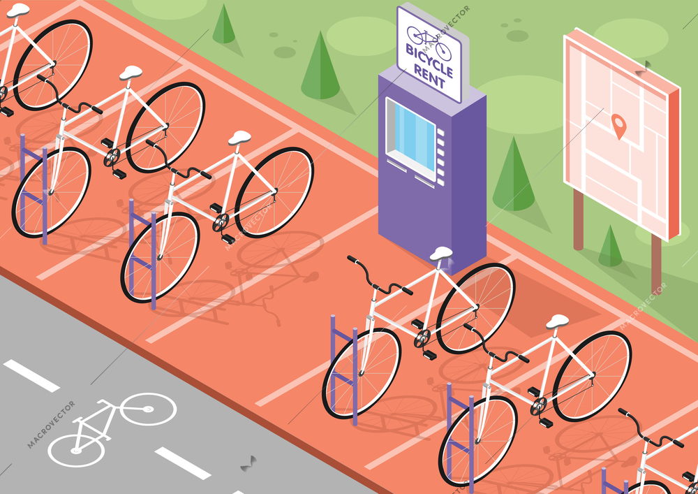 Bicycle rent isometric background with bike parking and map vector illustration
