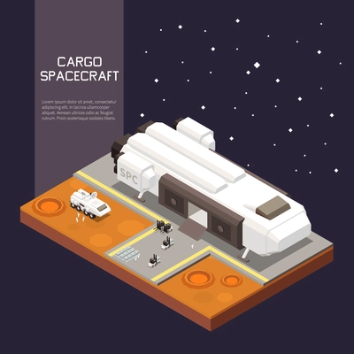 Cargo loading process into space ship 3d isometric vector illustration