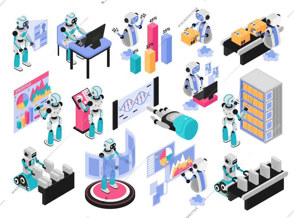 Robotic process isometric set with new technology and automation symbols isolated vector illustration