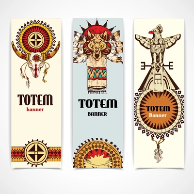 Ethnic american tribal animal totems colored vertical banners set isolated vector illustration