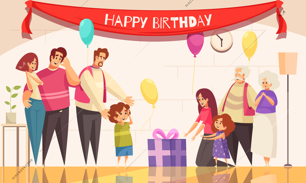 Kids birthday party gift present indoor composition with festive balloons text and characters of family members vector illustration