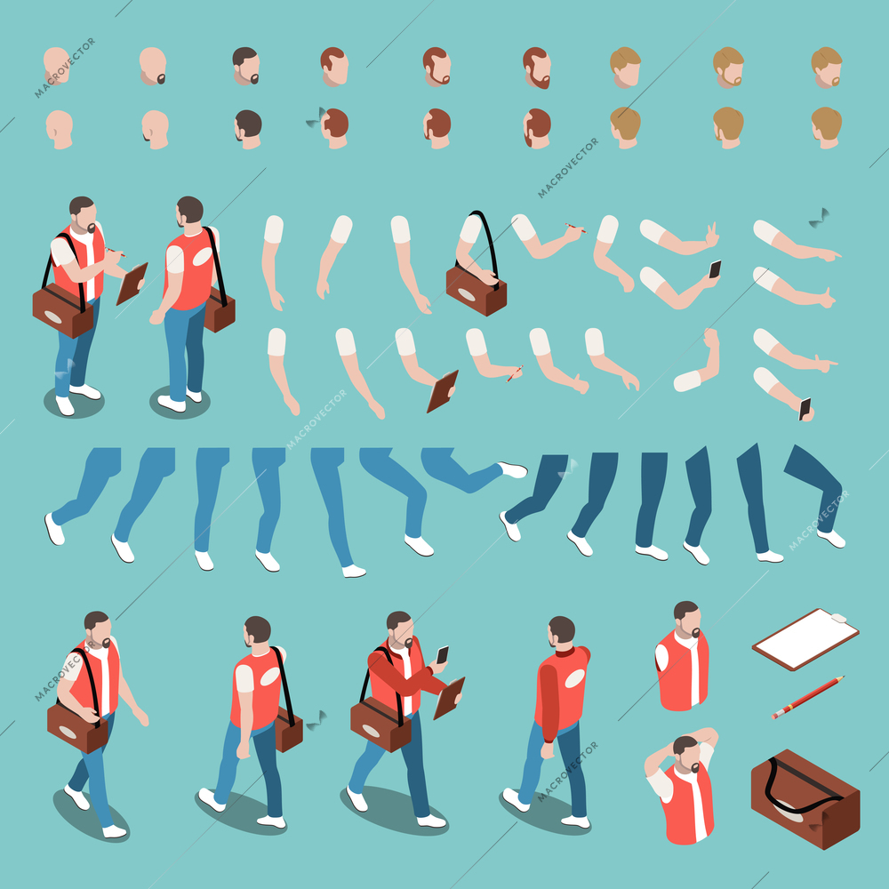 Male character constructor set with various haircuts body gestures and accessories for work isolated on blue background 3d isometric vector illustration