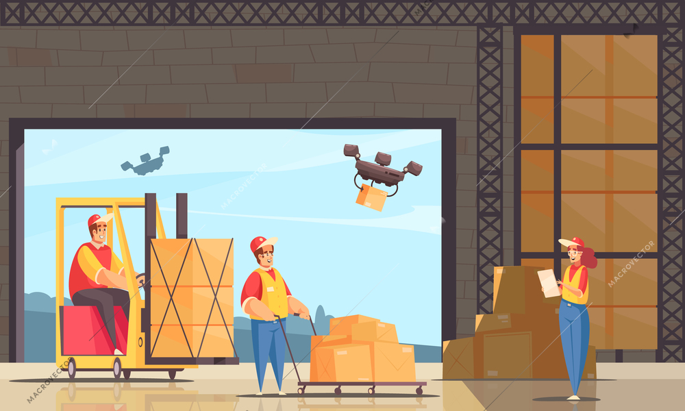 Delivery warehouse composition with stock building doodle style human characters and quadcopter drones with parcel boxes vector illustration