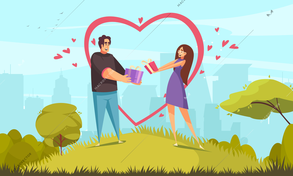 Gift present valentine day composition with outdoor cityscape and flat characters of young couple holding hands vector illustration