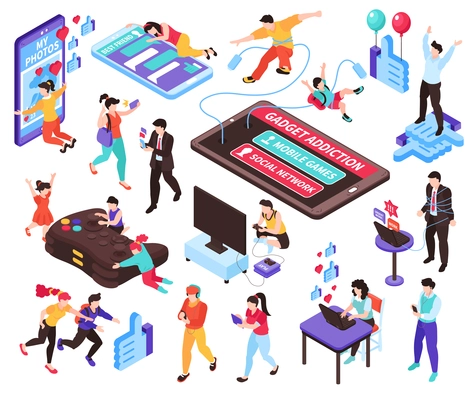 Gadget addiction isometric set with social network symbols isolated vector illustration