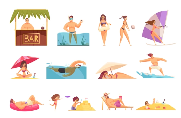 Beach holiday set with flat isolated images doodle style characters of relaxing people on blank background vector illustration