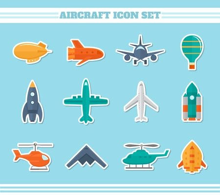 Aircraft helicopter military aviation airplane stickers icons set isolated vector illustration