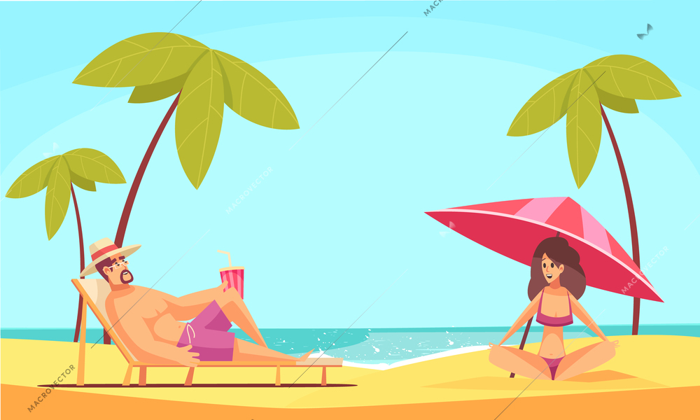 Beach man with woman composition with sea coast and doodle characters of people laying on sand vector illustration