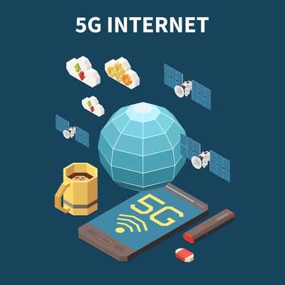 5g internet isometric concept with 3d satellites usb flash card and smartphone vector illustration