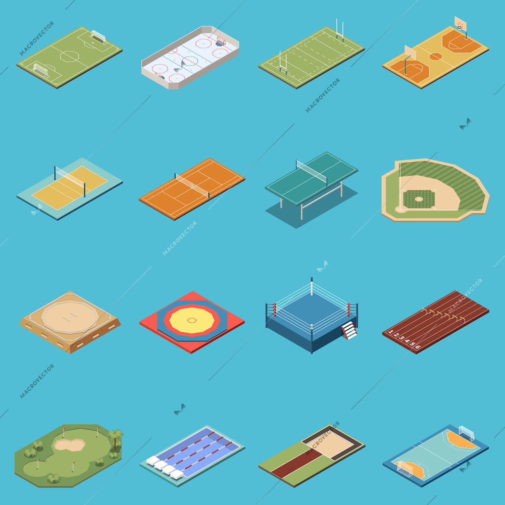 Isometric set of icons with various sport fields lanes courts rings isolated on blue background 3d vector illustration