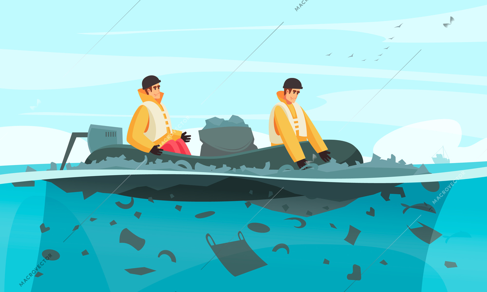 Nature water pollution composition with doodle characters of collectors in rubber inflatable boat with rubbish bins vector illustration