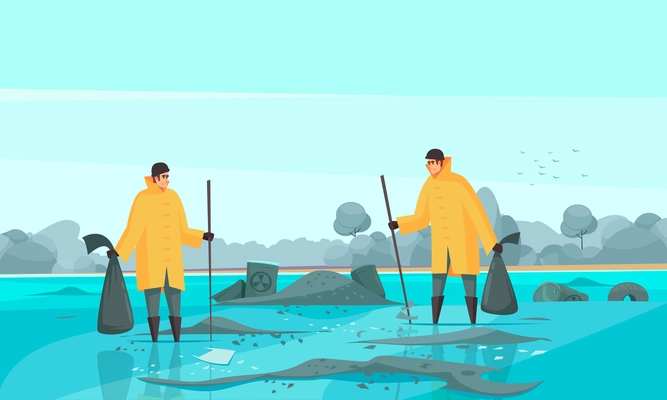 Nature water pollution composition with flat doodle characters of toxic waste collectors in dirty water scenery vector illustration