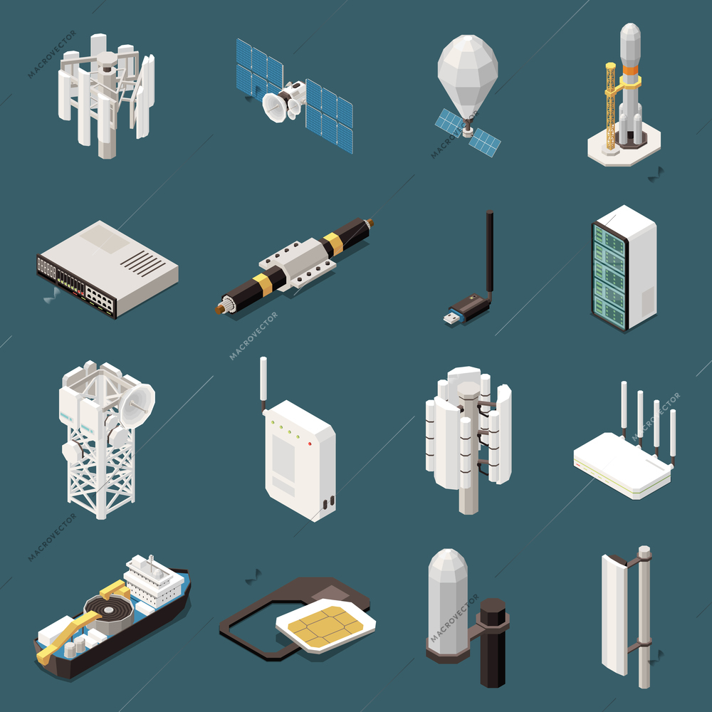 3d set of isometric icons with various equipment for 5g internet isolated vector illustration