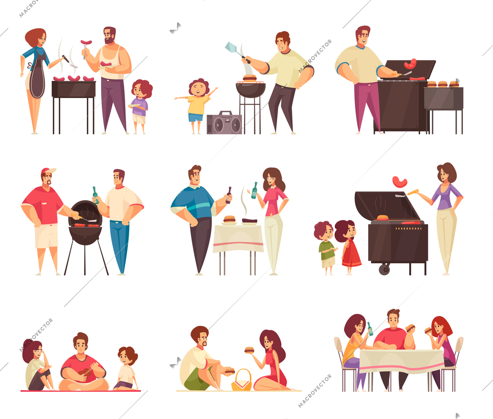 Bbq party grill set of isolated compositions with flat doodle style characters of people with barbecue vector illustration