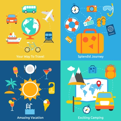 Business concept flat icons set of travel splendid journey amazing vacation and exciting camping infographic design elements vector illustration