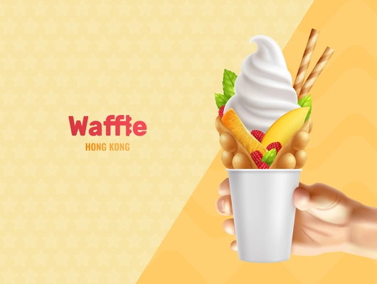 Bubble hong kong waffle in hand realistic composition with editable text and human hand holding can vector illustration