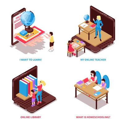 Home schooling isometric set with family and education symbols  isolated vector illustration