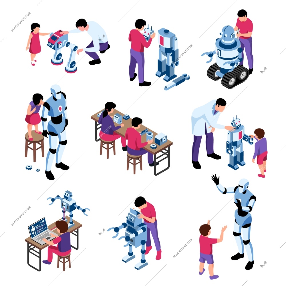 Set of isolated isometric robotics kids education icons with compositions of android robots children and adults vector illustration