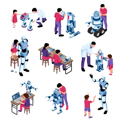 Set of isolated isometric robotics kids education icons with compositions of android robots children and adults vector illustration