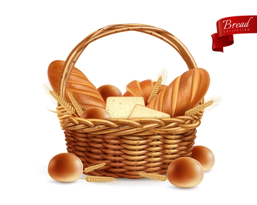 Bread realistic composition with image of basket full of bread baguettes and toast with text vector illustration slices