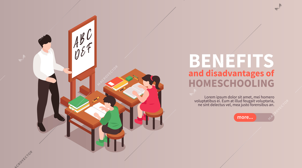 Home schooling isometric horizontal banner with benefits and disadvantages symbols vector illustration