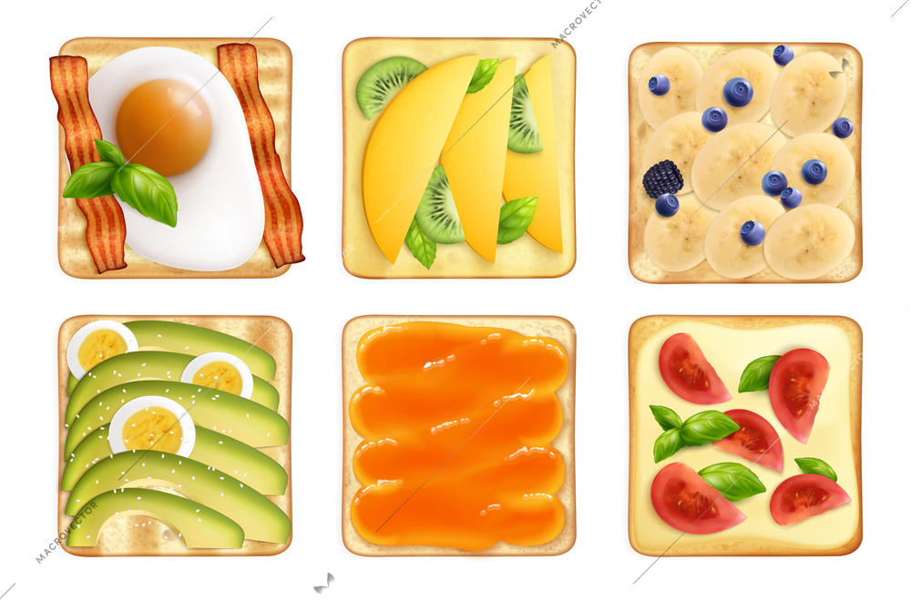 Toasts bread breakfast realistic set with sandwiches and fruits berries and egg toppings on blank background vector illustration