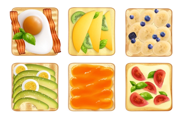 Toasts bread breakfast realistic set with sandwiches and fruits berries and egg toppings on blank background vector illustration