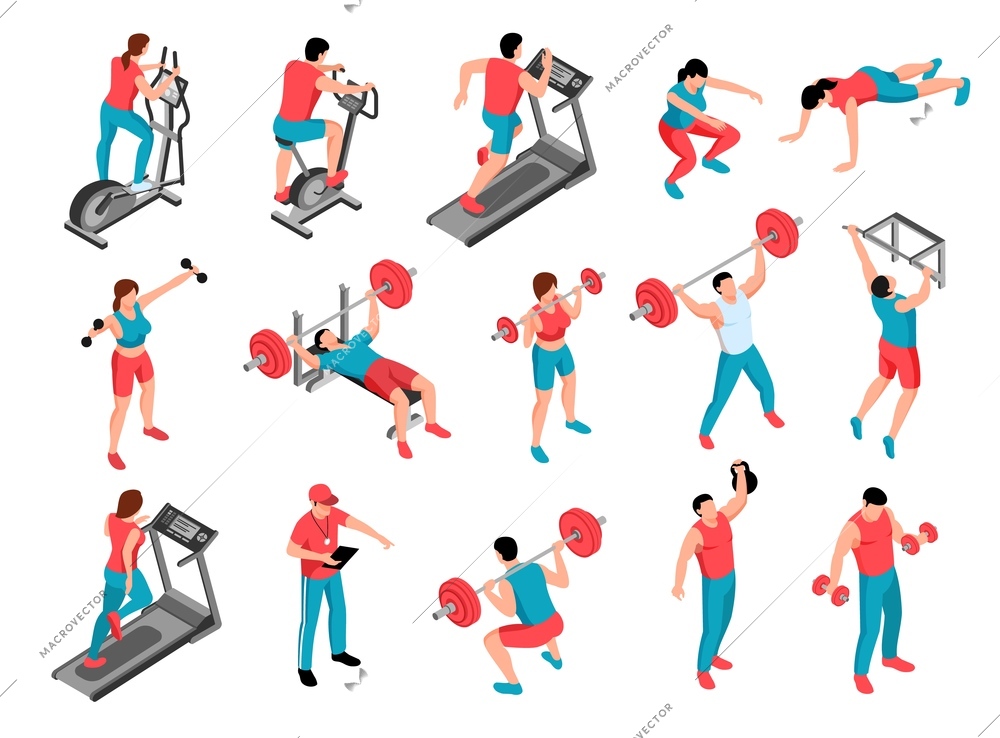 Isometric fitness sport set of isolated human characters in uniform with gymnastic equipment on blank background vector illustration