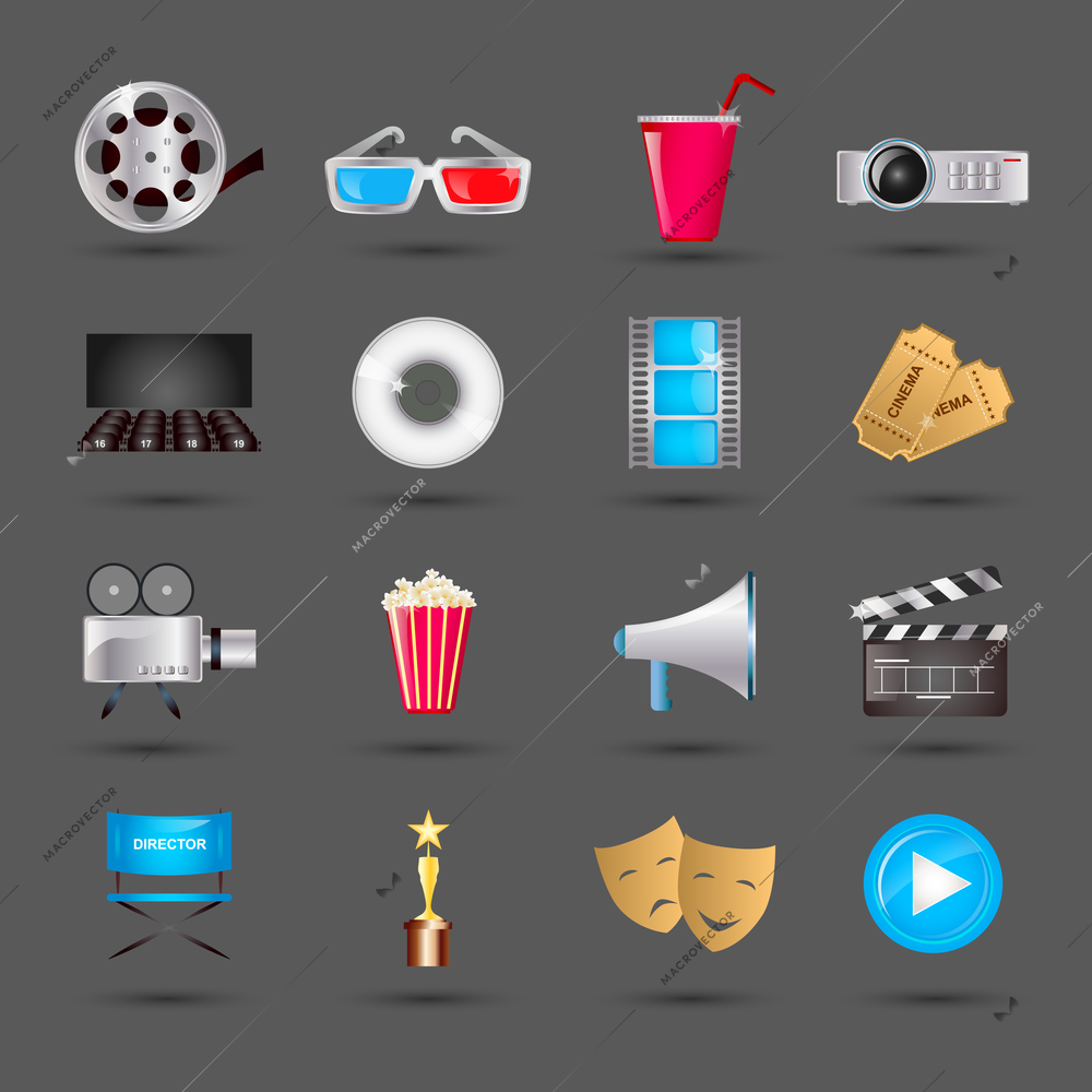 Cinema movie ticket office director chair filmstrip loudspeaker icons elements set isolated vector illustration