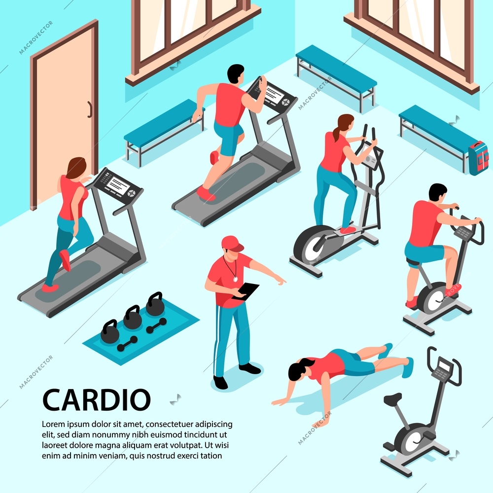 Isometric fitness sport background indoor composition with view of workout room gymnastic equipment with human characters vector illustration