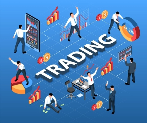 Isometric stock market exchange trading flowchart composition with infographic icons and signs human characters and text vector illustration