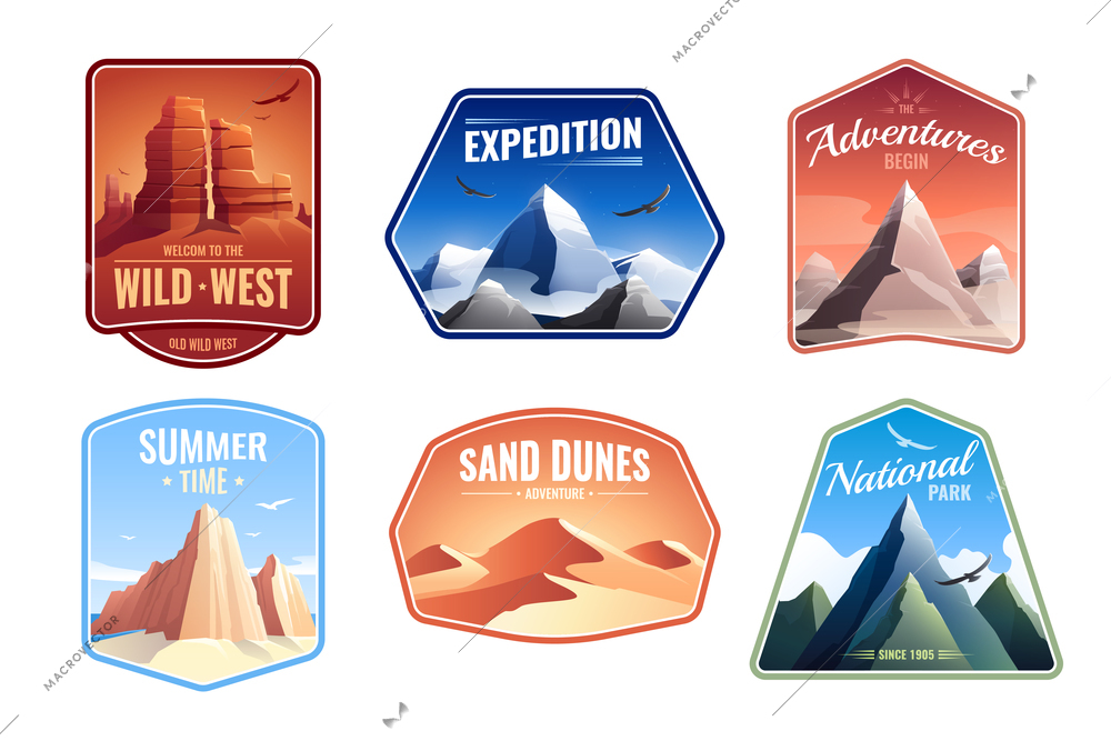 Mountains rocks landscapes emblems flat set with sand dunes national parks and expedition peaks editable text vector illustration