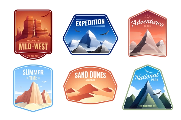 Mountains rocks landscapes emblems flat set with sand dunes national parks and expedition peaks editable text vector illustration