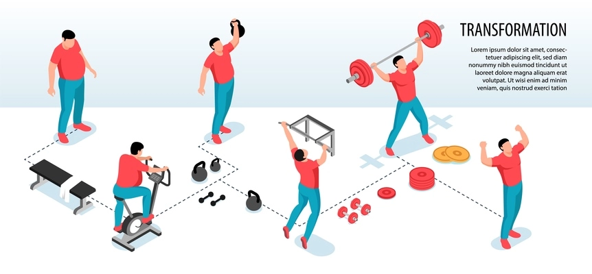 Isometric fitness sport horizontal infographics with human characters of fat people losing weight during sport exercises vector illustration