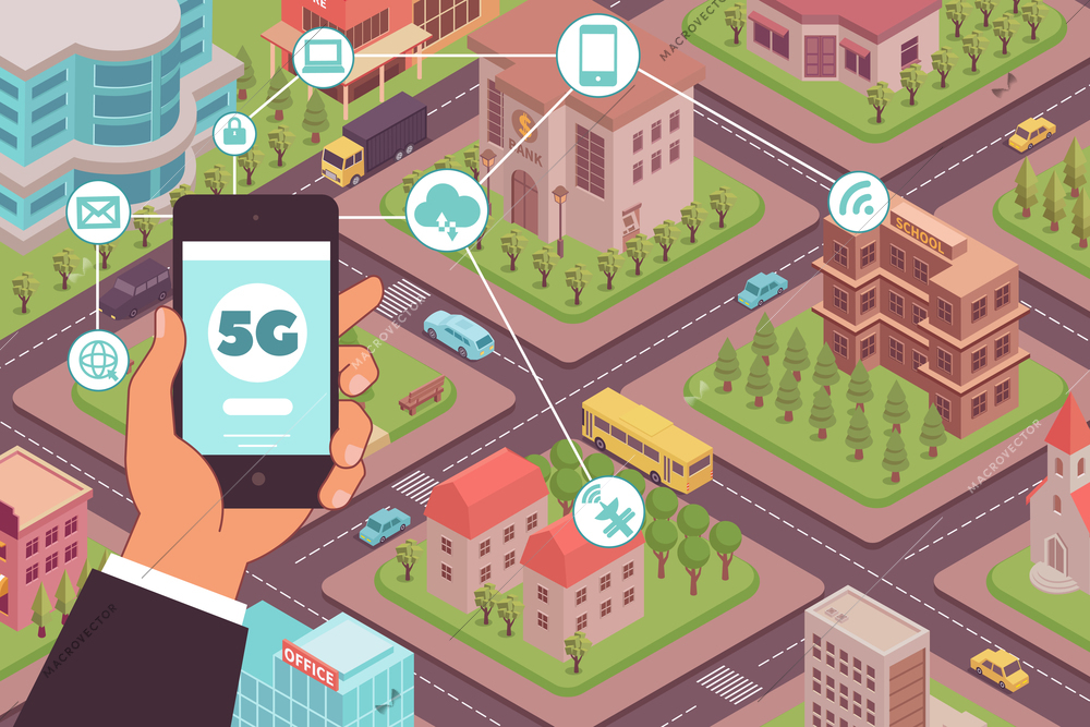 5g internet wireless composition with round icons pictograms hand with smartphone and urban city blocks scenery vector illustration