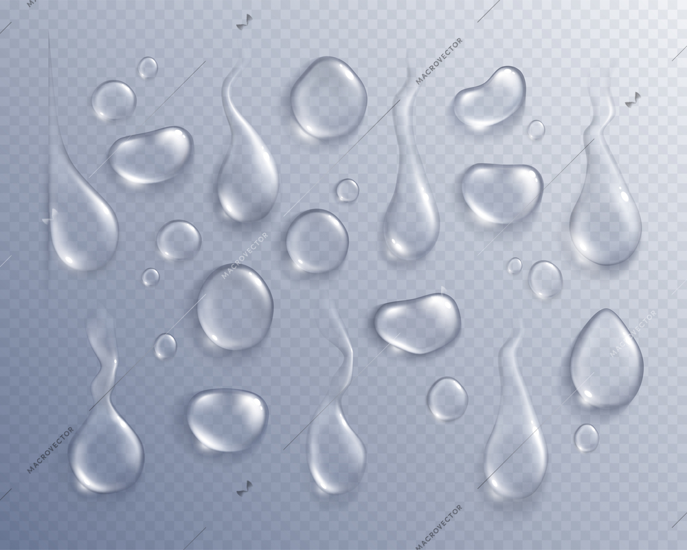 Set with isolated images of water drops on misted glass background with realistic shadows and shapes vector illustration
