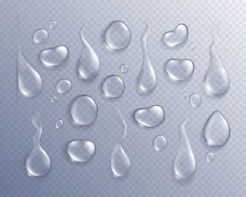 Set with isolated images of water drops on misted glass background with realistic shadows and shapes vector illustration