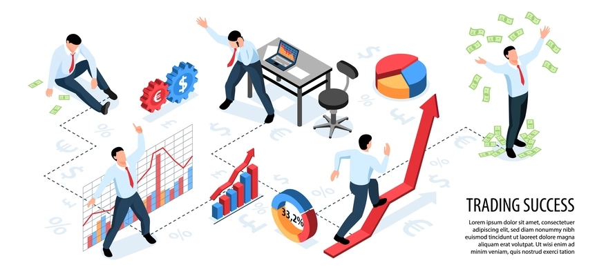 Isometric stock market exchange trading horizontal infographics with composition of signs symbols and people with text vector illustration