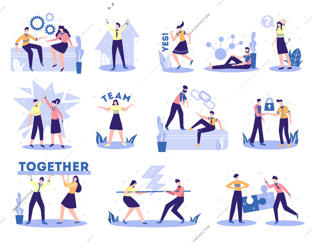 Business partnership concept 12 flat compositions set with collaboration team work support sealing profitable deals  vector illustration