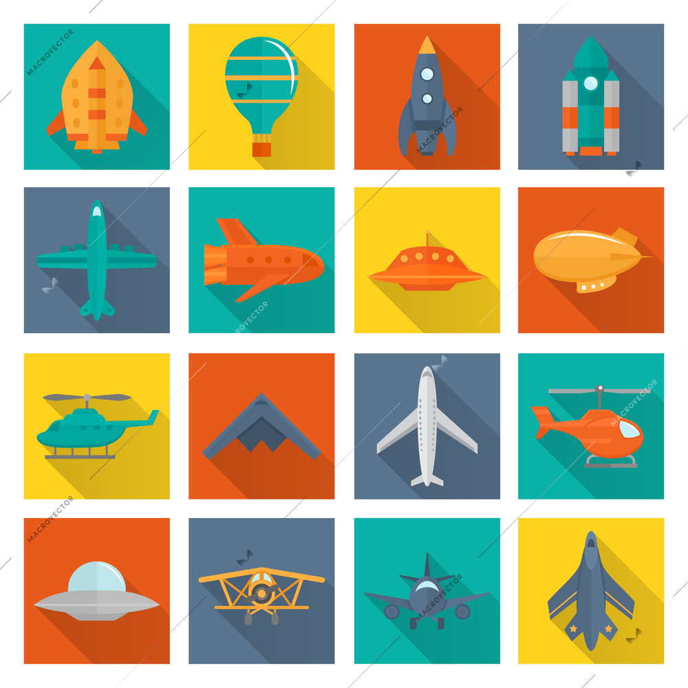 Aircraft helicopter military aviation airplane flat shadowed icons set isolated vector illustration