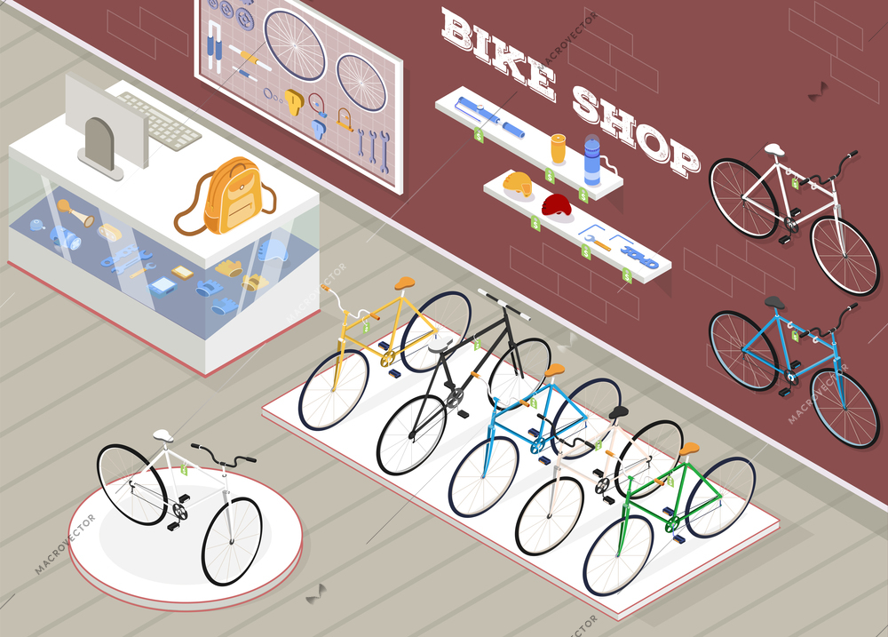 Bicycle shop isometric background with bike accessories and devices vector illustration