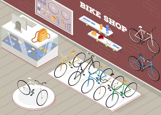 Bicycle shop isometric background with bike accessories and devices vector illustration