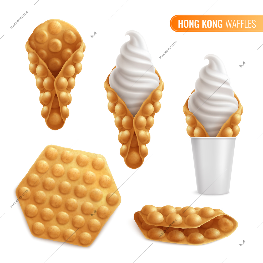 Bubble hong kong waffles with fruits realistic set of different elements for confectionery product with shadows vector illustration