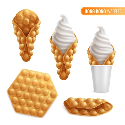 Bubble hong kong waffles with fruits realistic set of different elements for confectionery product with shadows vector illustration