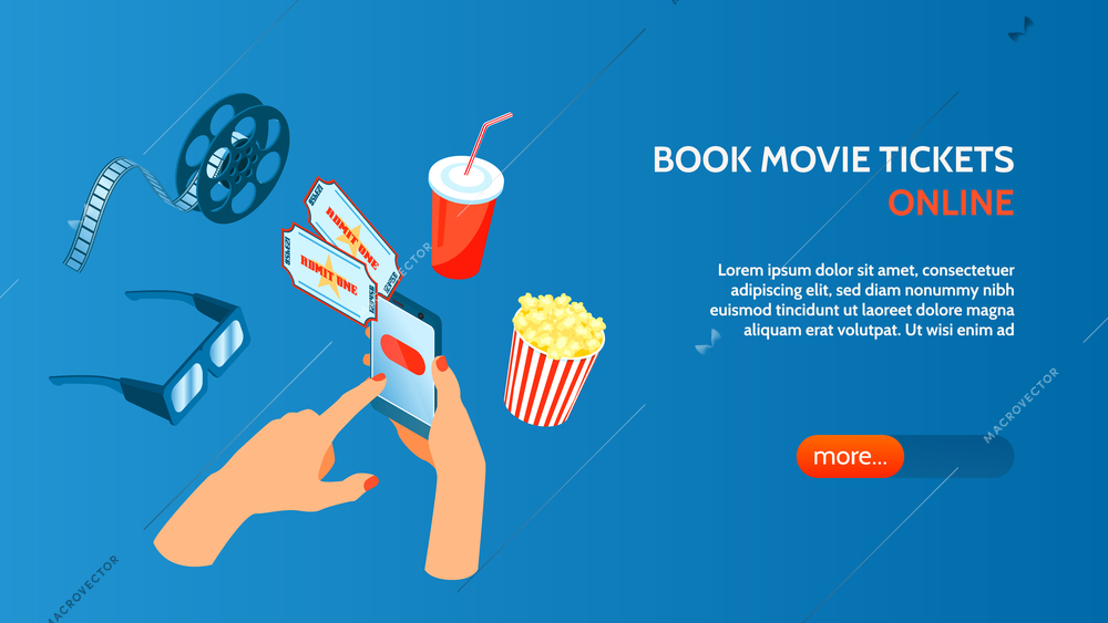 Booking cinema tickets online horizontal banner with smartphone app 3d glasses popcorn icons on blue background vector illustration