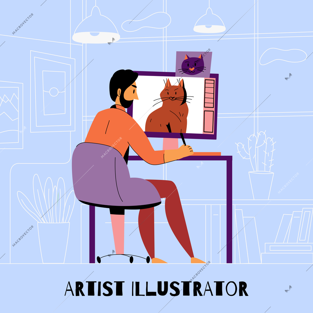 Creative profession artist designer illustrator composition with man draws a cat on the computer vector illustration