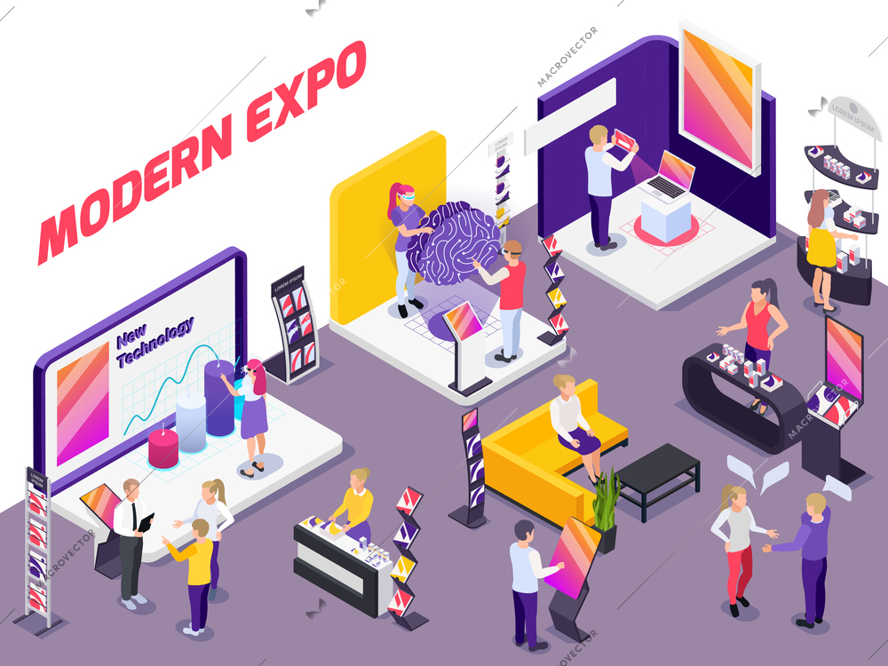 Modern innovative technology products exhibition show promotion stands with visitors assistants potential buyers isometric composition vector illustration